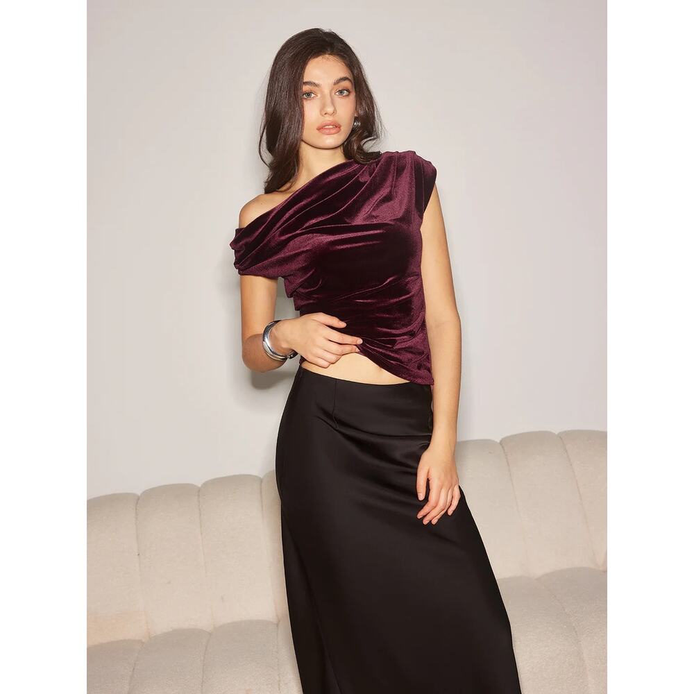 Commense Burgundy Velvet Asymmetrical Pleated Top Size L One Shoulder
 Party - Picture 2 of 6
